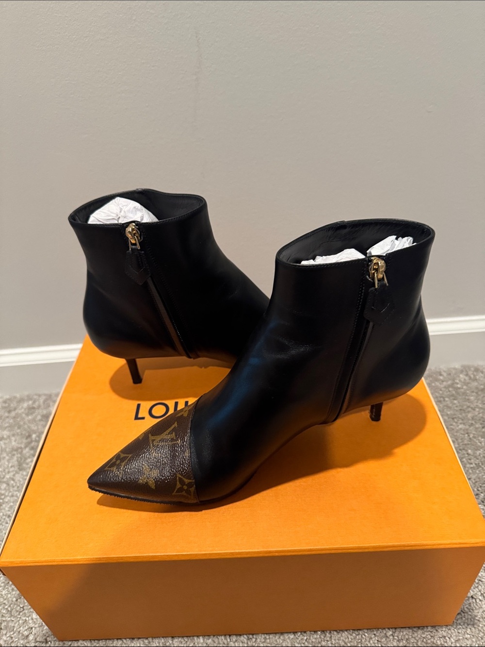 Louis Vuitton Black Leather & Monogram Pointed-Toe Ankle Boots - Picture 4 of 8